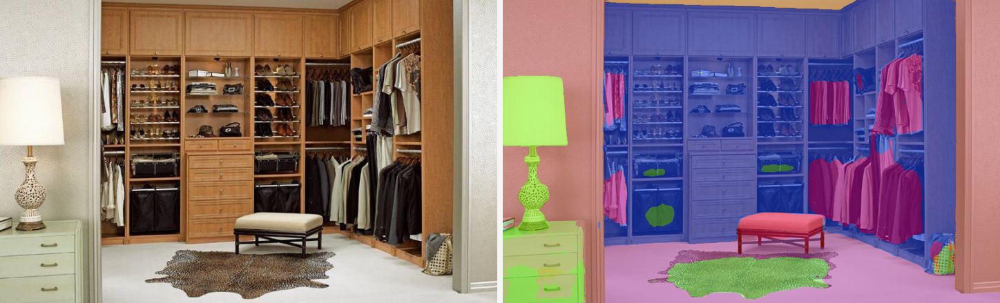 CW-BASS v2 on ADE20K — walk-in closet: wardrobe, apparel, lamp, floor, rug.