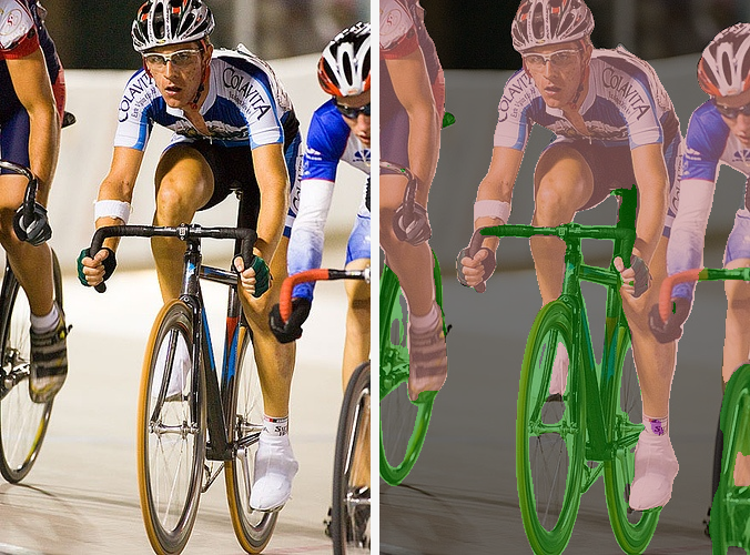 CW-BASS v2 on Pascal VOC — cyclists: person and bicycle segmented.
